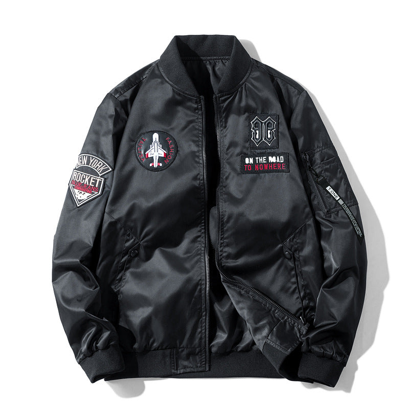 Men's  pilot-style embroidered patch utility bomber jacket with angled welt pockets and zip sleeve pocket Mune Fashion