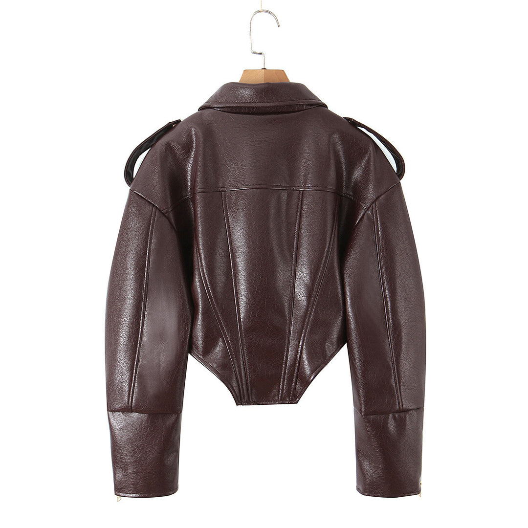 Women's cropped leather jacket with fitted corset look, shoulder epaulets and zipper Mune Fashion