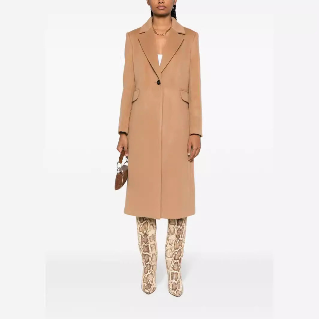 Women's Single-Breasted Wool Blend Long Coat with One-Button Closure and Flap Pockets Mune Fashion