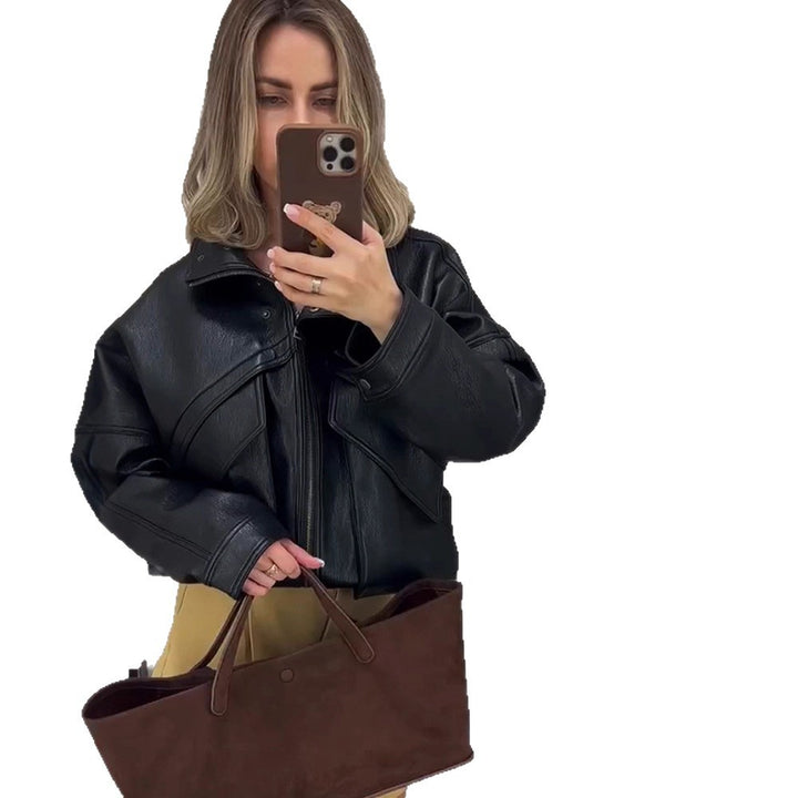 Women's Oversize Bomber Jacket made of textured faux leather with overlapping flap front Mune Fashion