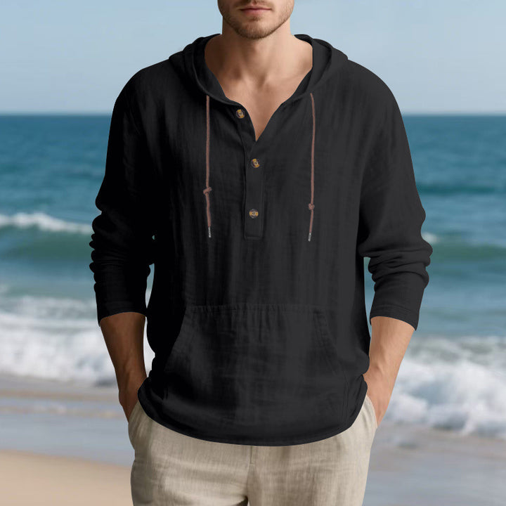 Men's Lightweight Hooded Henley Made of Cotton-Linen with Kangaroo Pocket Mune Fashion