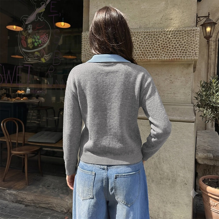 Ladies Elegant V Neck Sweater with Shirt Collar Mune Fashion