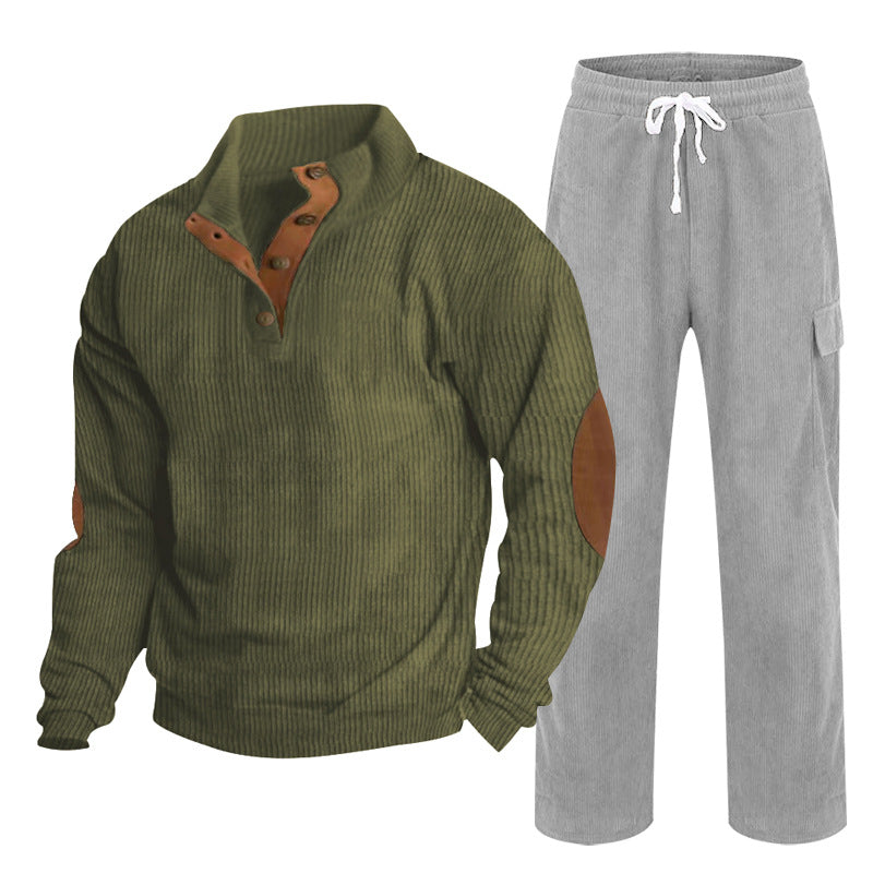 Men's Cozy Leisure Set made of Waffle Knit Henley with Elbow Patch and Relax Cargo Pants Mune Fashion
