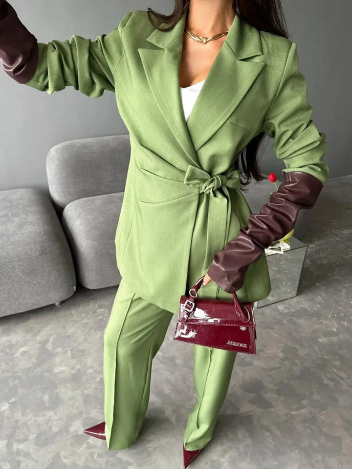Women Tailored Blazer Coat with Tie Belt and Wide Suit Trousers Mune Fashion