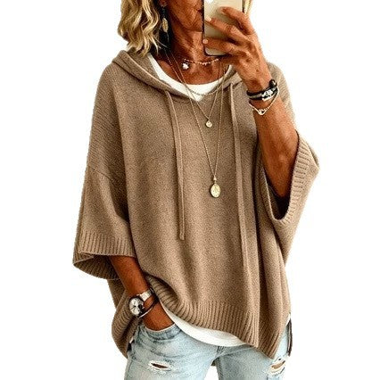 Ladies Oversized Knit Poncho with Hood, Batwing Sleeves and Side Slits Mune Fashion