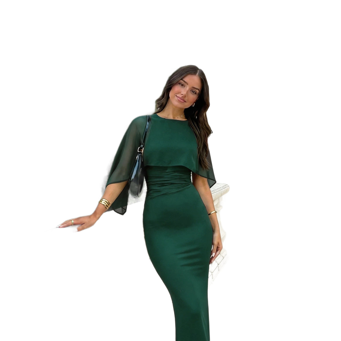Women Figure-hugging Midi Dress with Chiffon Cape Mune Fashion