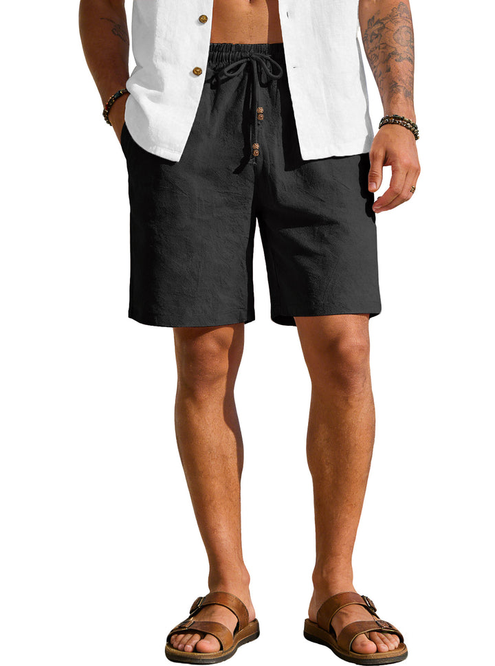 Men's lightweight beach Bermuda shorts made of linen blend with elastic waistband, drawstring and decorative button placket Mune Fashion