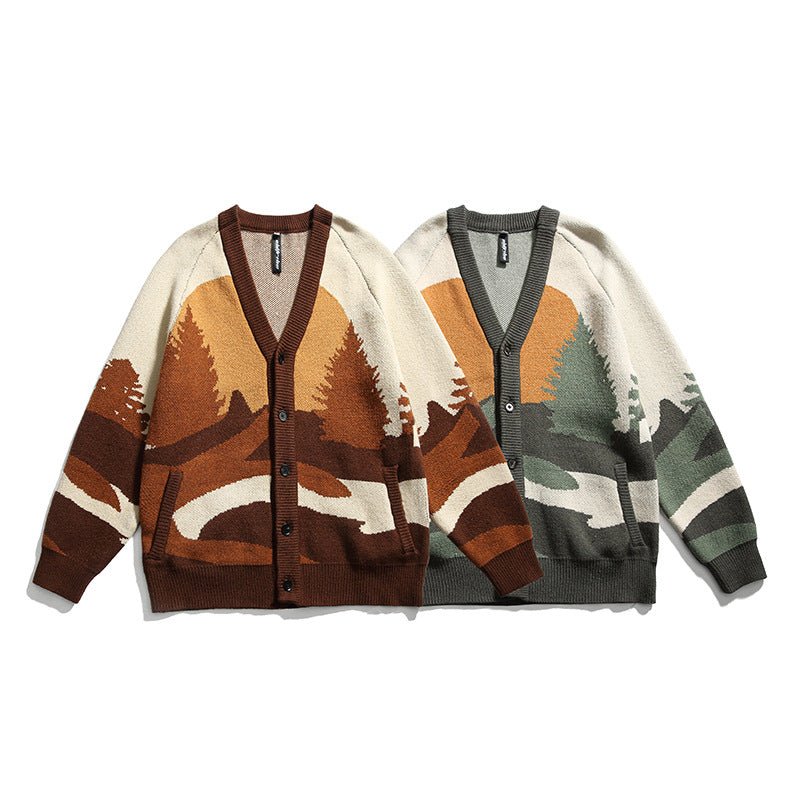 Unisex Chunky Knit V-Neck Cardigan with Landscape Jacquard Pattern and Patch Pockets Mune Fashion