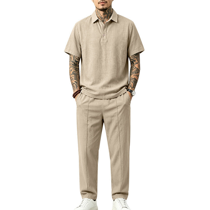 Men's Lightweight Linen Look Loungewear Set with Polo Collar and Pleats Mune Fashion