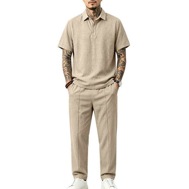 Men's Lightweight Linen Look Loungewear Set with Polo Collar and Pleats Mune Fashion