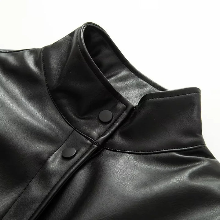 Women's oversized cropped faux leather bomber jacket with stand-up collar and elastic hem Mune Fashion