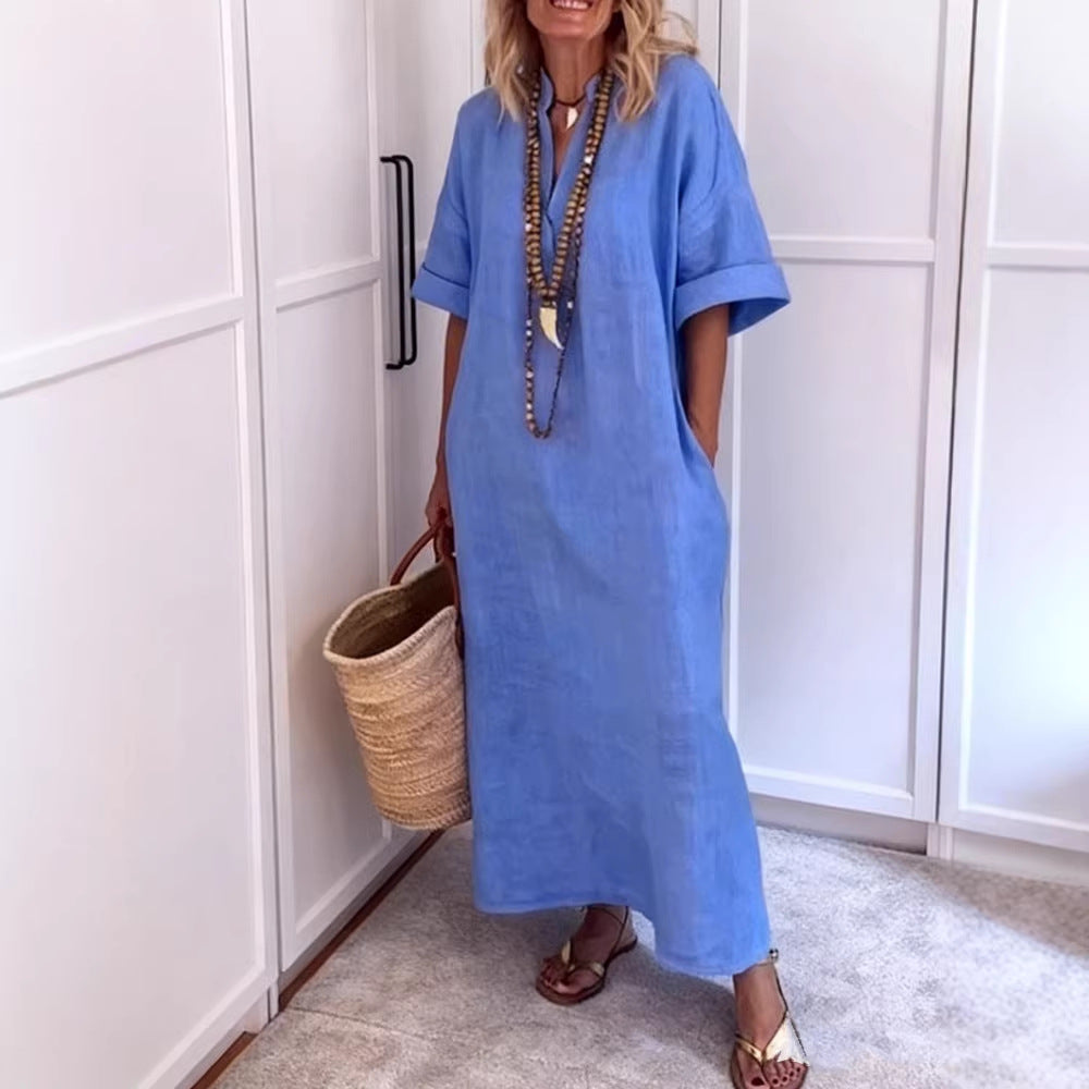 Women's Linen Maxi Dress with V-Neck and Practical Pockets Mune Fashion
