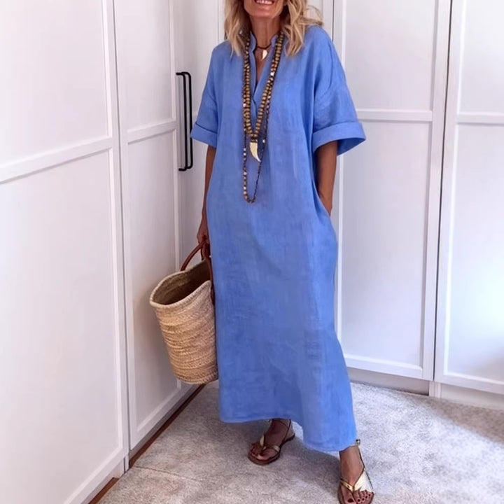 Women's Linen Maxi Dress with V-Neck and Practical Pockets Mune Fashion