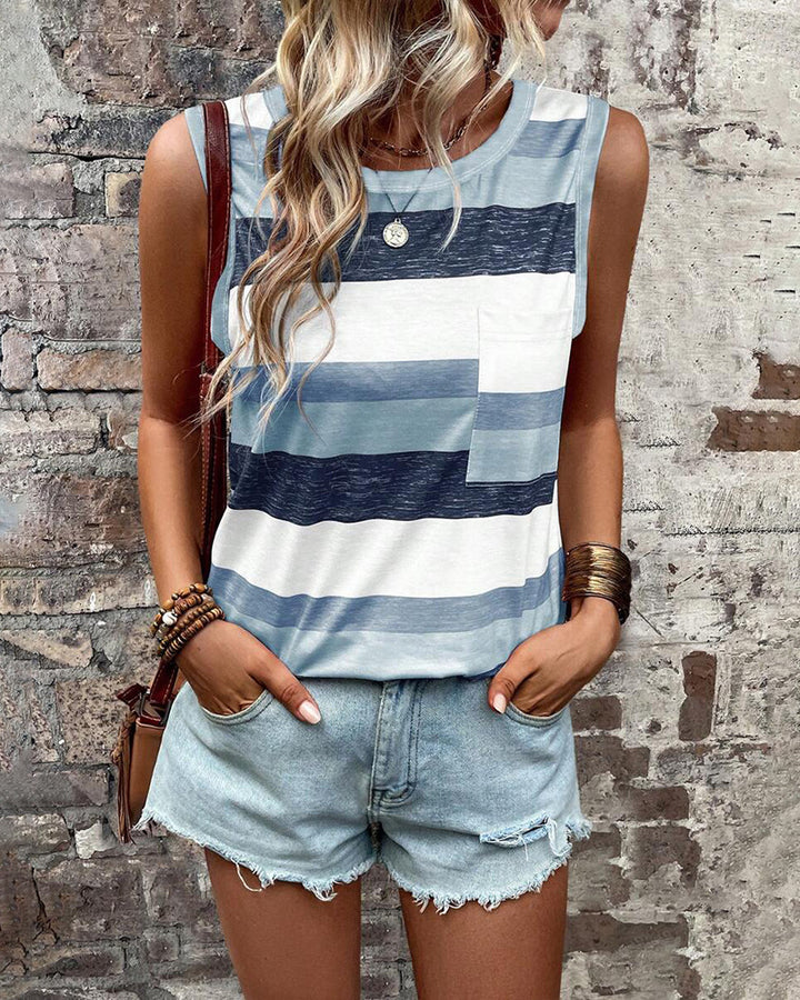 Women's sleeveless striped jersey shirt with patch chest pocket and relaxed boxy silhouette Mune Fashion