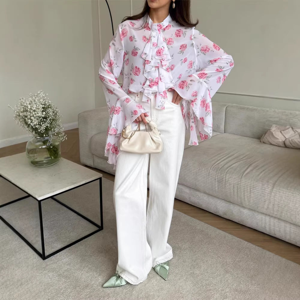 Women's chiffon blouse with rose print, ruffles and bell sleeves Mune Fashion