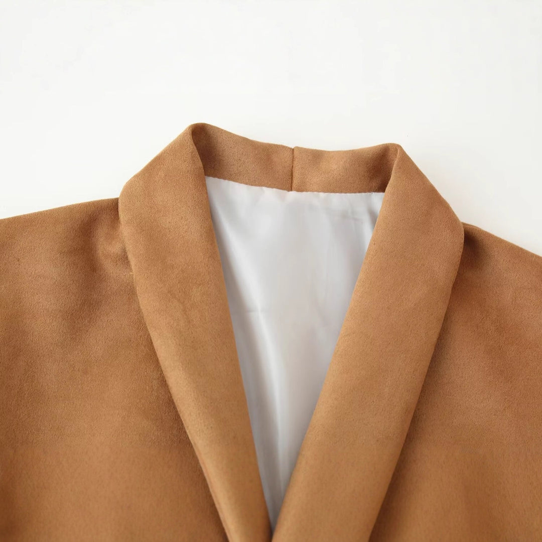 Ladies short blazer made of suede look with shawl collar and rounded hem Mune Fashion