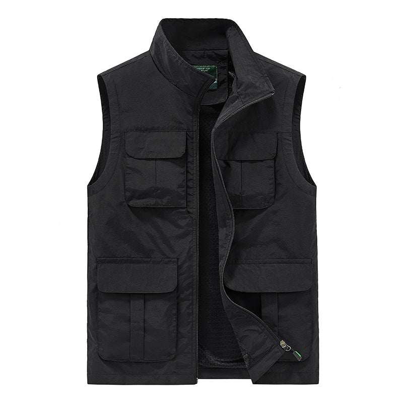 Men's Multifunctional Canvas Utility Vest with High Stand Collar and Multiple Flap Pockets Mune Fashion