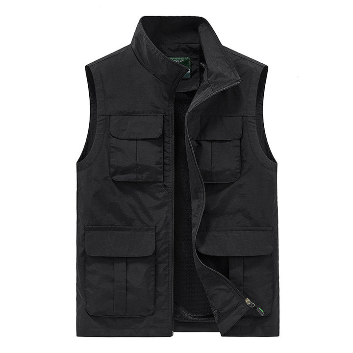 Men's Multifunctional Canvas Utility Vest with High Stand Collar and Multiple Flap Pockets Mune Fashion