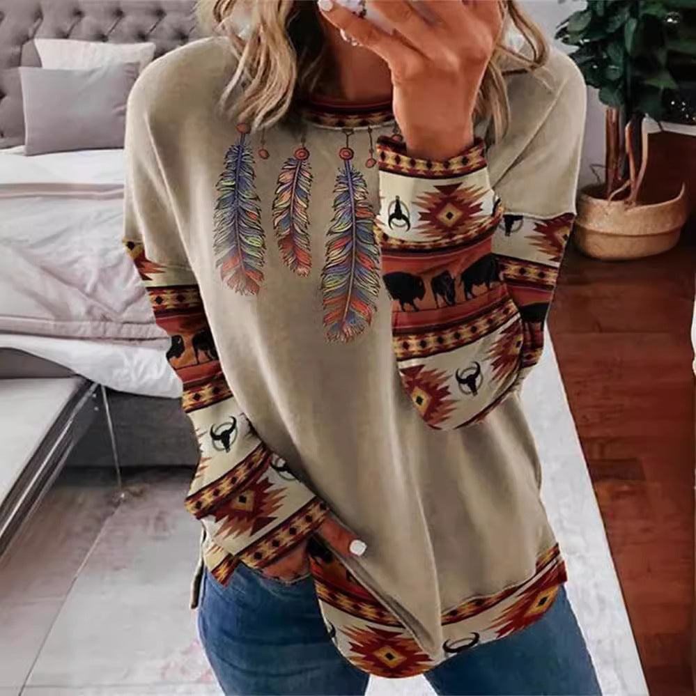 Women's long sleeve shirt in patchwork quilt design with soft round neck and contrasting cuffs Mune Fashion