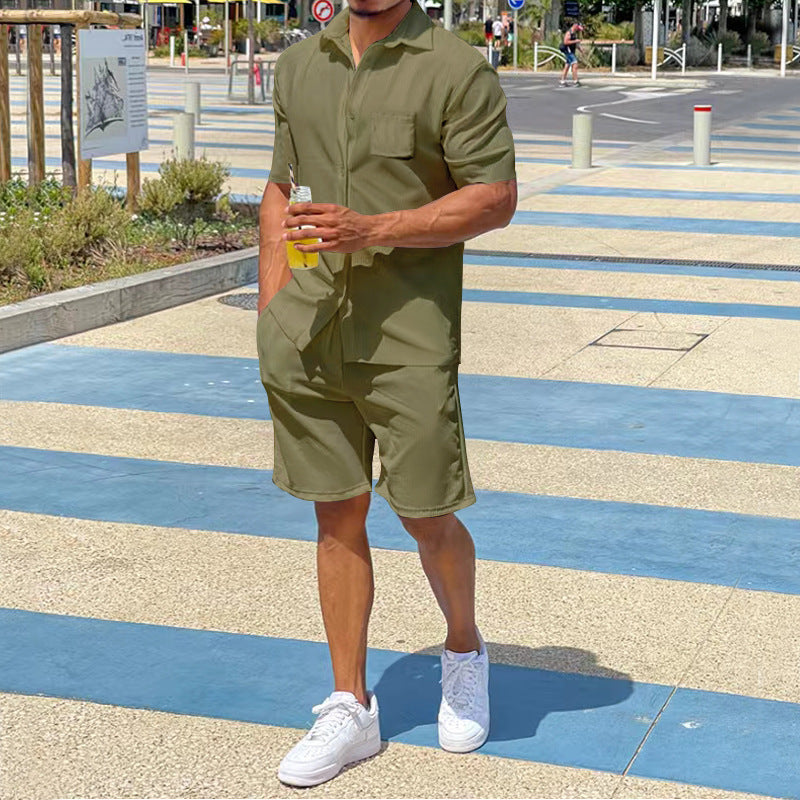 Men's Nan Legeres Resort Two-Piece with Open Short Sleeve Shirt, Chest Pocket and Elastic Bermuda Mune Fashion
