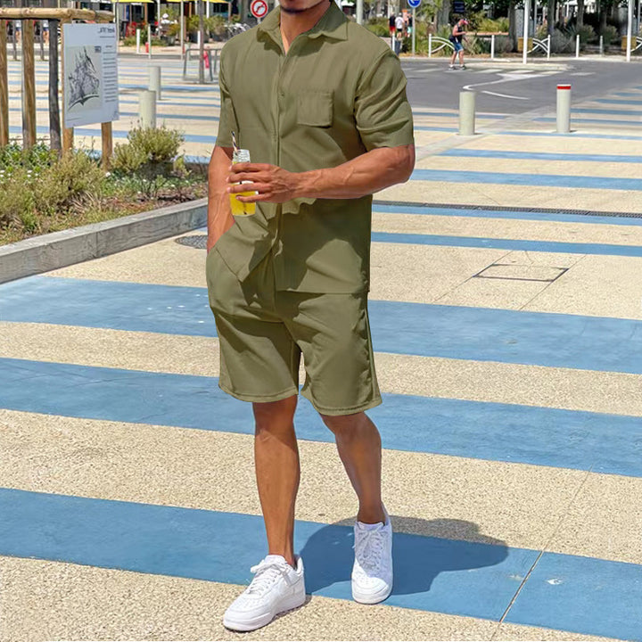 Men's Nan Legeres Resort Two-Piece with Open Short Sleeve Shirt, Chest Pocket and Elastic Bermuda Mune Fashion