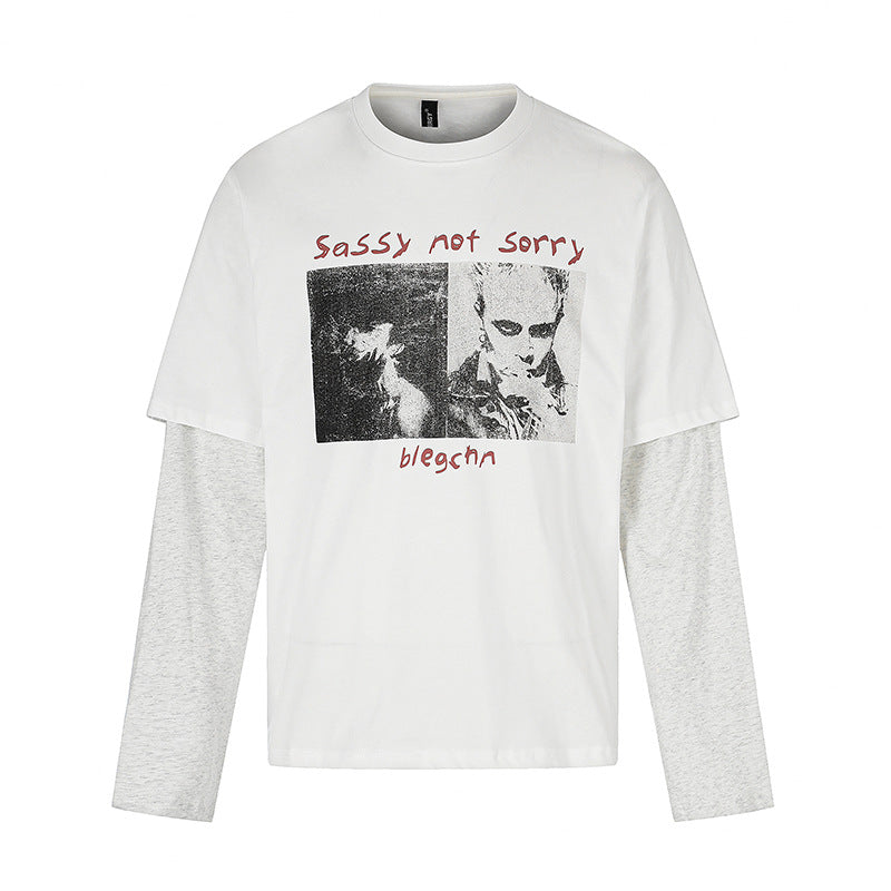 Women's Layered Long Sleeve Shirt in Layer Look with Photo Print and Contrast Sleeves Mune Fashion