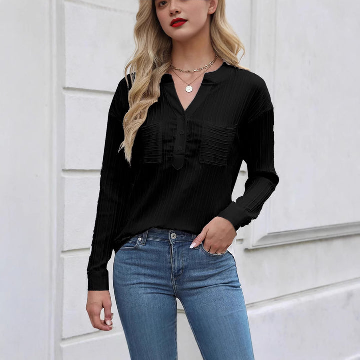 Ladies nan ribbed long sleeve blouse with V-neck, concealed button placket and patch chest pockets Mune Fashion