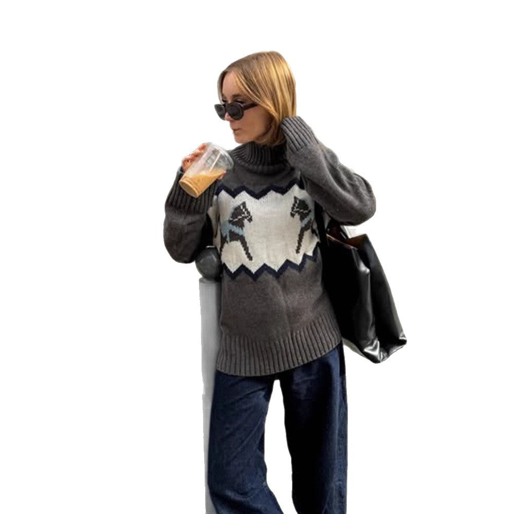 Women's Oversize Turtleneck Sweater with Norwegian Intarsia and Ribbed Cuffs Mune Fashion