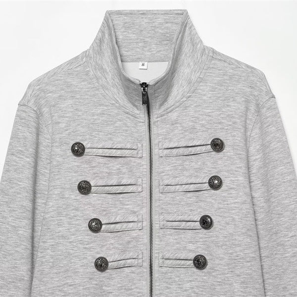 Women's Cropped Sweat Jacket in Military Look with Stand-up Collar and Decorative Button Placket Mune Fashion