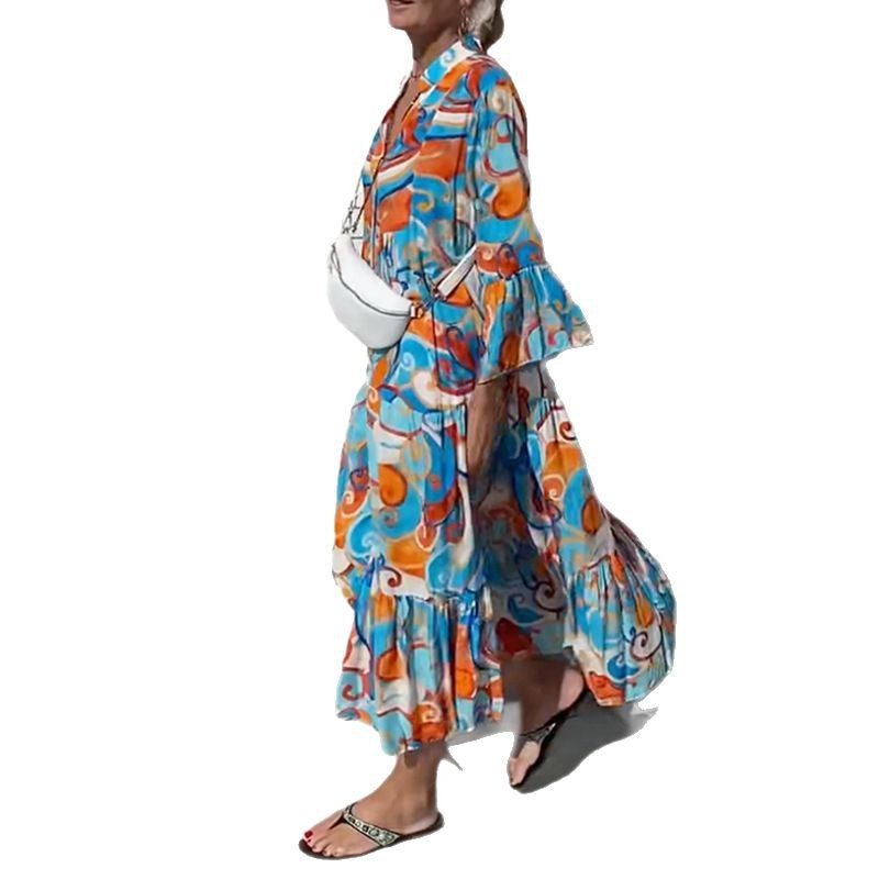 Women's airy maxi dress with watercolor print, V-neck, half button placket and tiered skirt Mune Fashion
