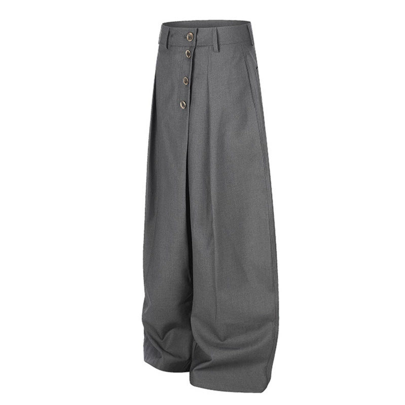 Women's Wide Palazzo Pants with High Waist, Pleats and Asymmetrical Button Placket Mune Fashion