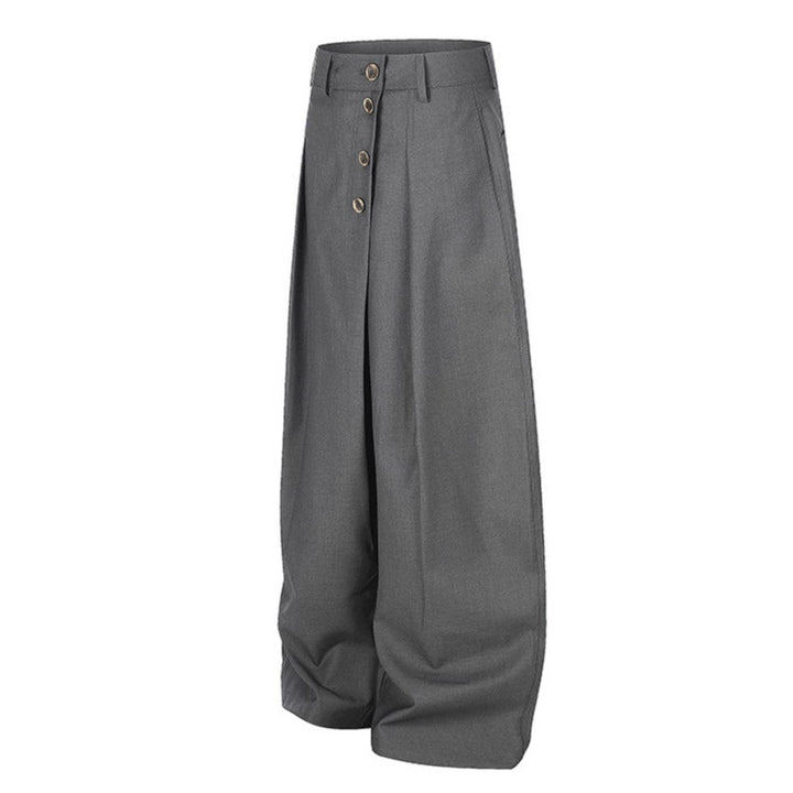 Women's Wide Palazzo Pants with High Waist, Pleats and Asymmetrical Button Placket Mune Fashion