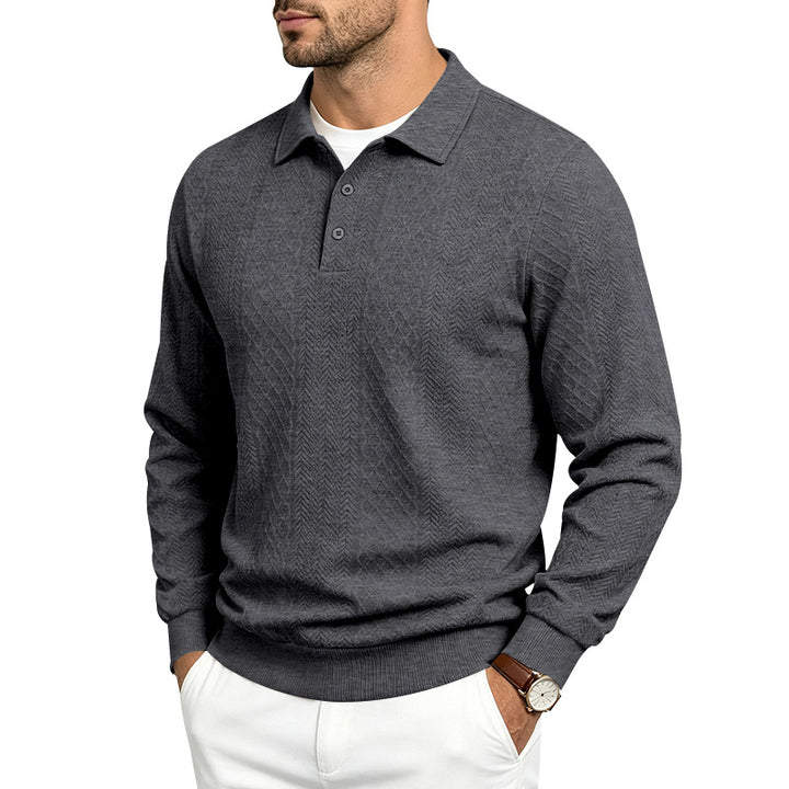 Men's Structured Long Sleeve Polo Sweater with Cable Knit Pattern Mune Fashion