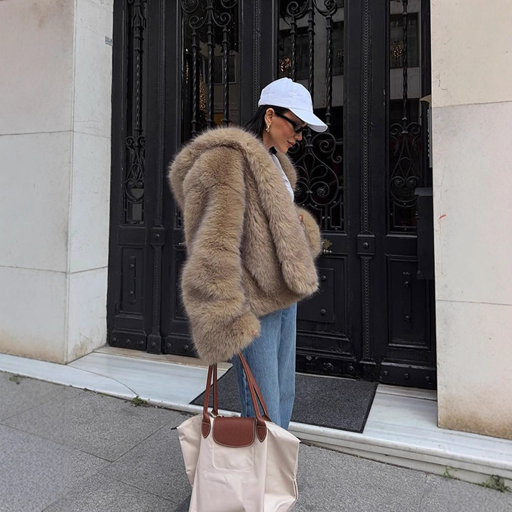 Women's Boxy Faux Fur Jacket in Teddy Look with Oversized Shawl Collar Mune Fashion