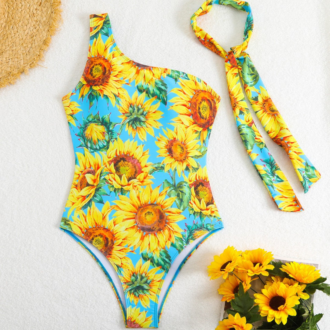 Women's One-Piece Swimsuit with Asymmetrical Cut and Sunflower Pattern Mune Fashion