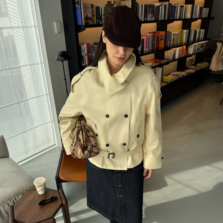 Women Short Double-Breasted Trench Jacket with High Standing Collar and Waist Belt Mune Fashion