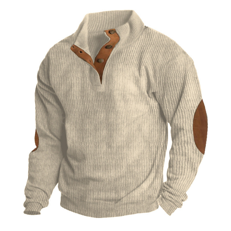 Men's rustic ribbed pullover with Henley collar and leather-like elbow patches Mune Fashion