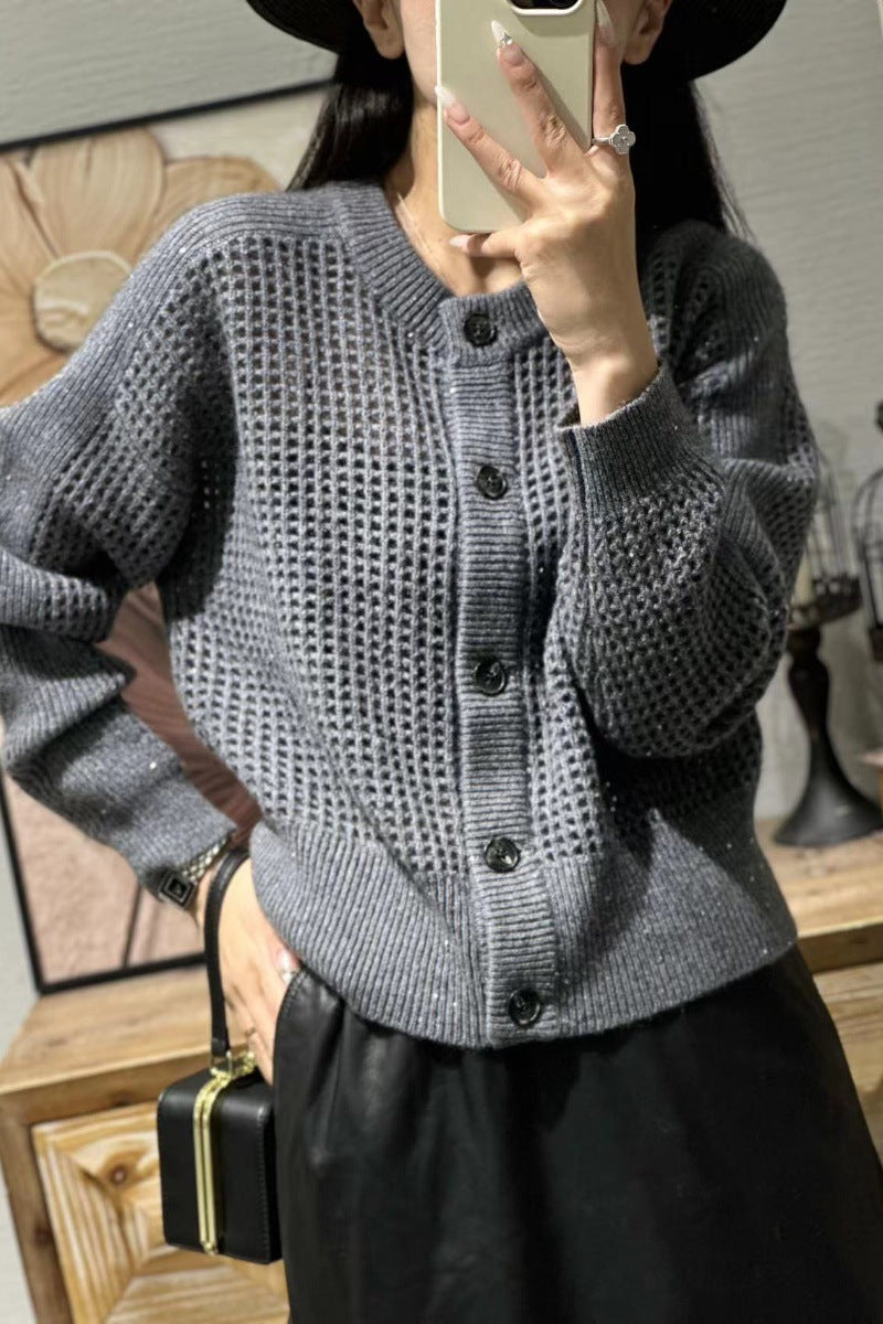 Women Loose Mesh Cardigan with Openwork, Round Neckline and Button Placket Mune Fashion