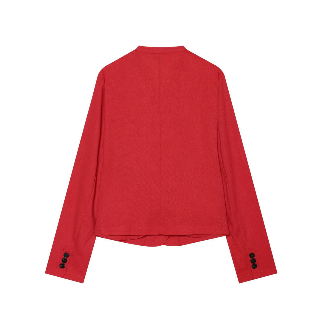 Women Lightweight Tailored Blazer Jacket with Stand Collar and Three-Button Closure Mune Fashion