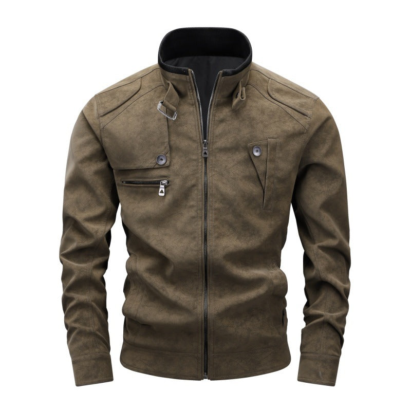 Men's biker jacket made of faux leather with stand-up collar and stylish chest pockets Mune Fashion
