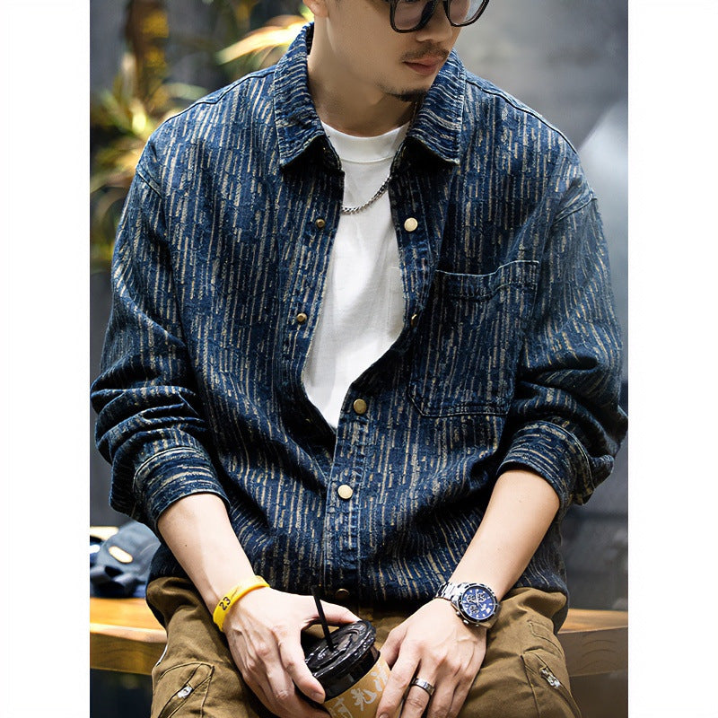 Men's denim overshirt with vertical textured pattern and snap button placket Mune Fashion