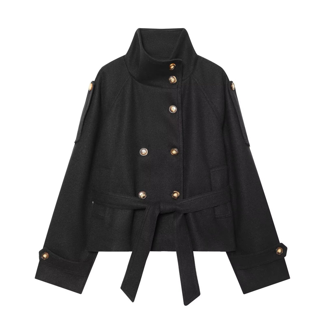 Women Short Double-Breasted Wool Blend Cape Jacket with Stand Collar and Waist Belt Mune Fashion