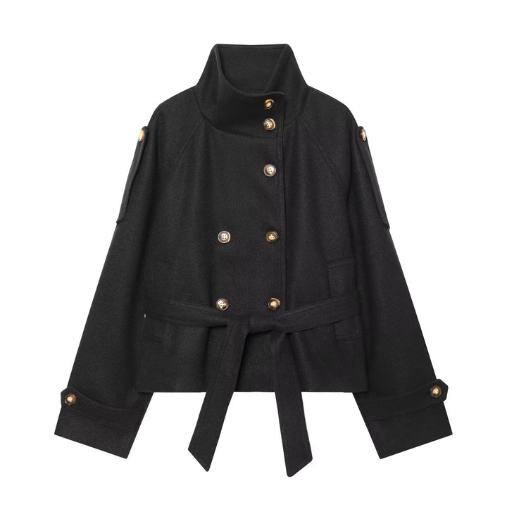 Women Short Double-Breasted Wool Blend Cape Jacket with Stand Collar and Waist Belt Mune Fashion