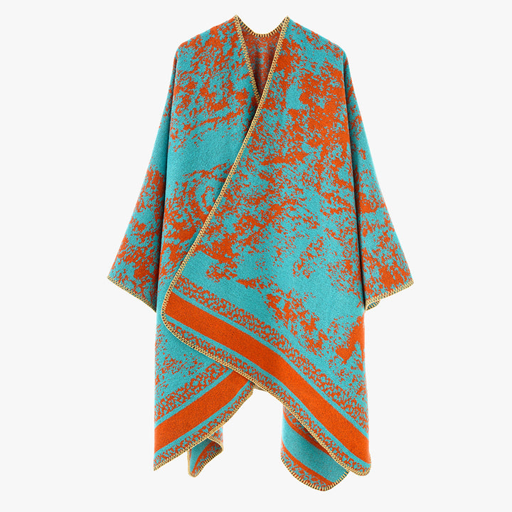 Women's jacquard wrap poncho with open front, boxy silhouette, and finely hemmed edge Mune Fashion