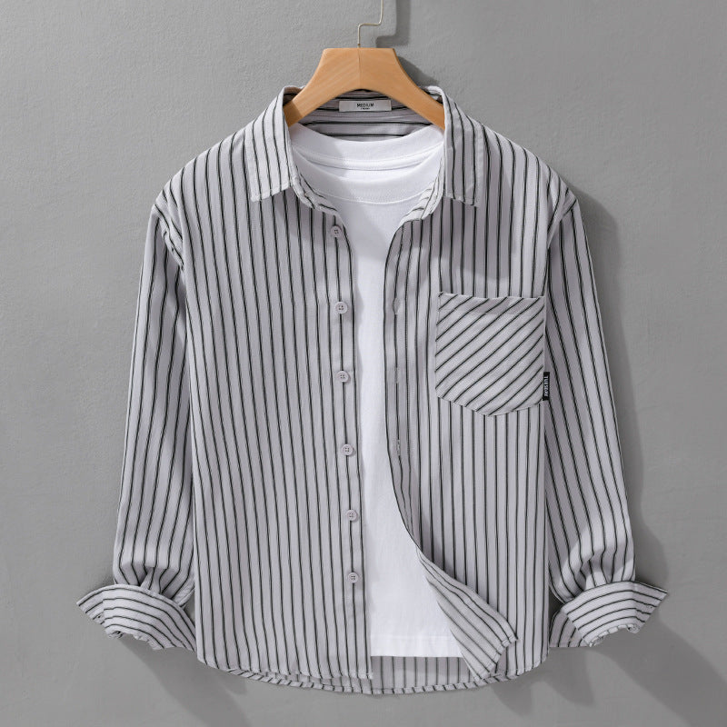 Men's pinstripe long sleeve shirt jacket in overshirt style made of lightweight cotton blend with diagonal breast pocket Mune Fashion