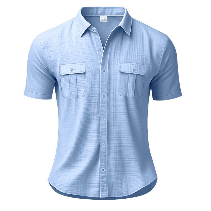 Men's structured short sleeve shirt in linen gauze look with flap pockets and rounded hem Mune Fashion