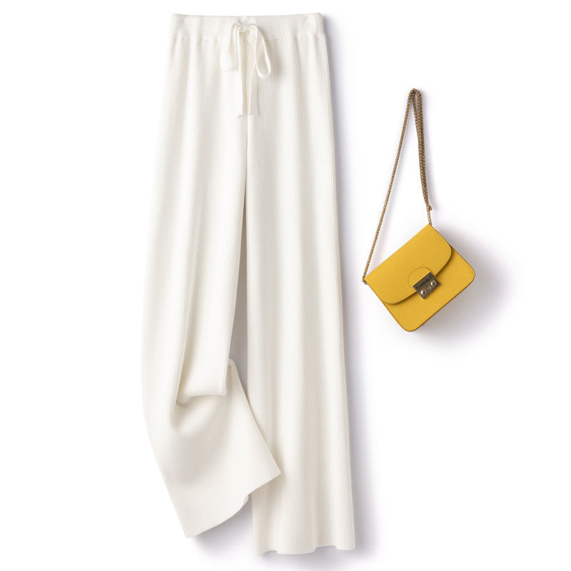 Women’s Wide Ribbed Knit Pants with Drawstring and Flowing Palazzo Silhouette Mune Fashion