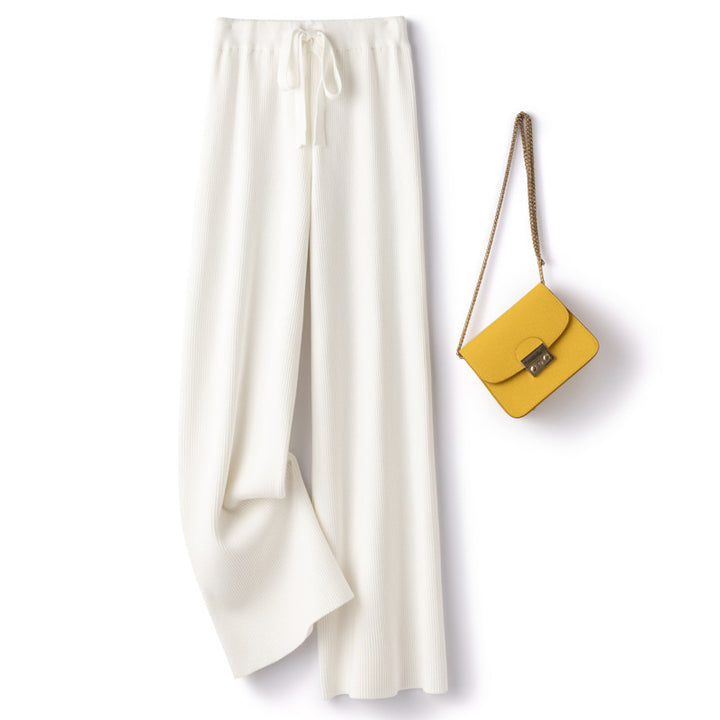 Women’s Wide Ribbed Knit Pants with Drawstring and Flowing Palazzo Silhouette Mune Fashion