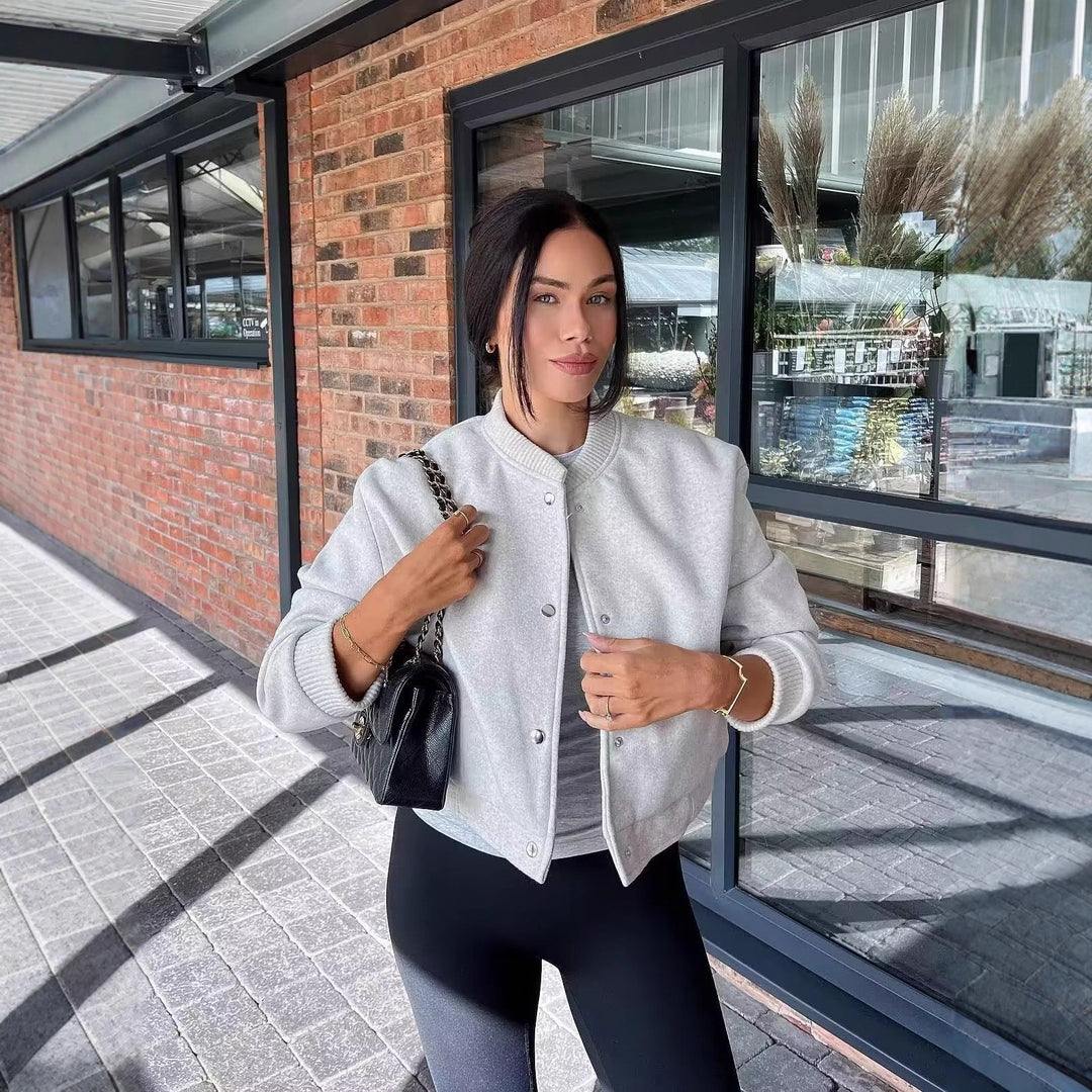 Women Short-Cut Wool Blend Bomber Jacket with Snap Buttons and Ribbed Cuffs Mune Fashion