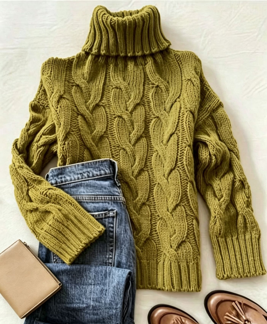 Women's chunky knit turtleneck sweater with distinctive cable patterns and ribbed cuffs Mune Fashion